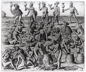 Indian Women Preparing Manioc Root, Engraved by Theodore de Bry, from 